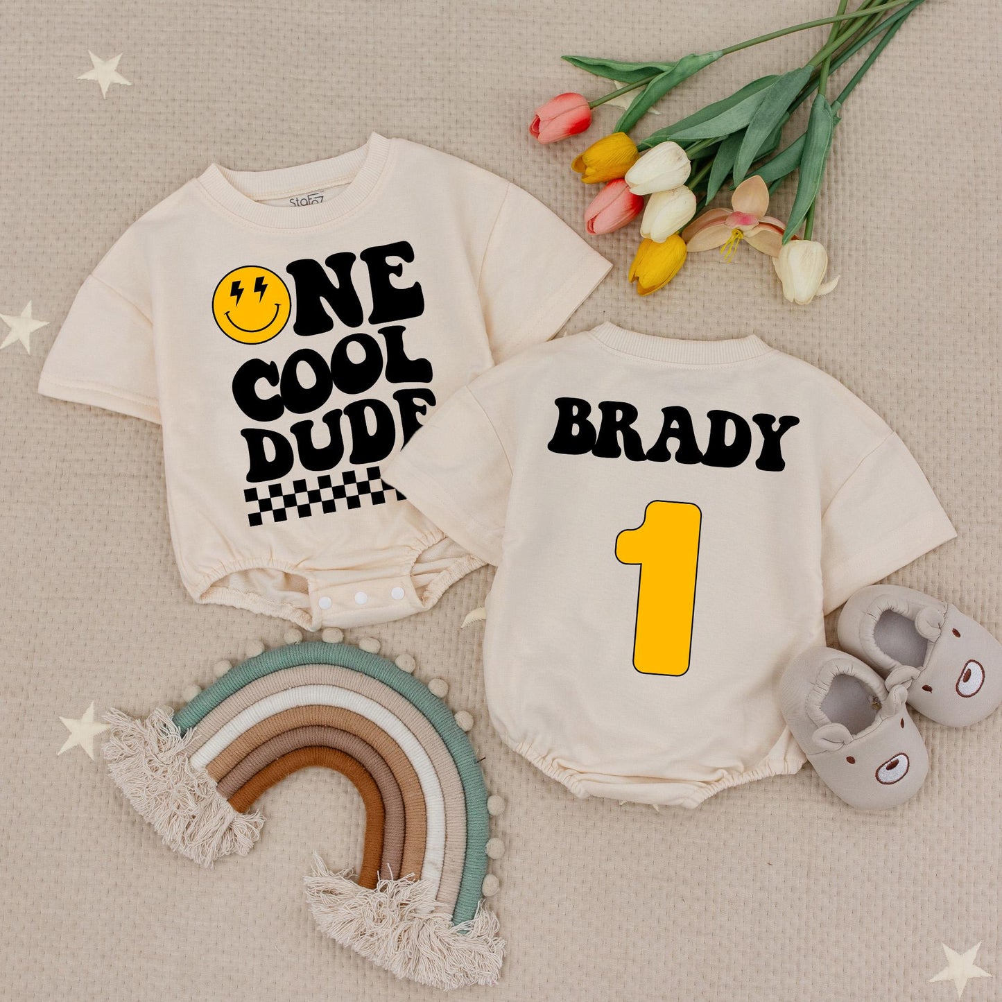 Custom Name One Cool Dude Birthday Romper Smiley Face & Checker Design 1st Birthday Boy Baby Bodysuit Party Outfit