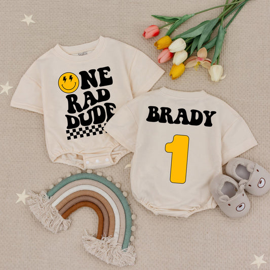 Custom Name One Rad Dude Birthday Romper Boys Retro Groovy Smiley Face & Checkered Outfit First Birthday Gift
