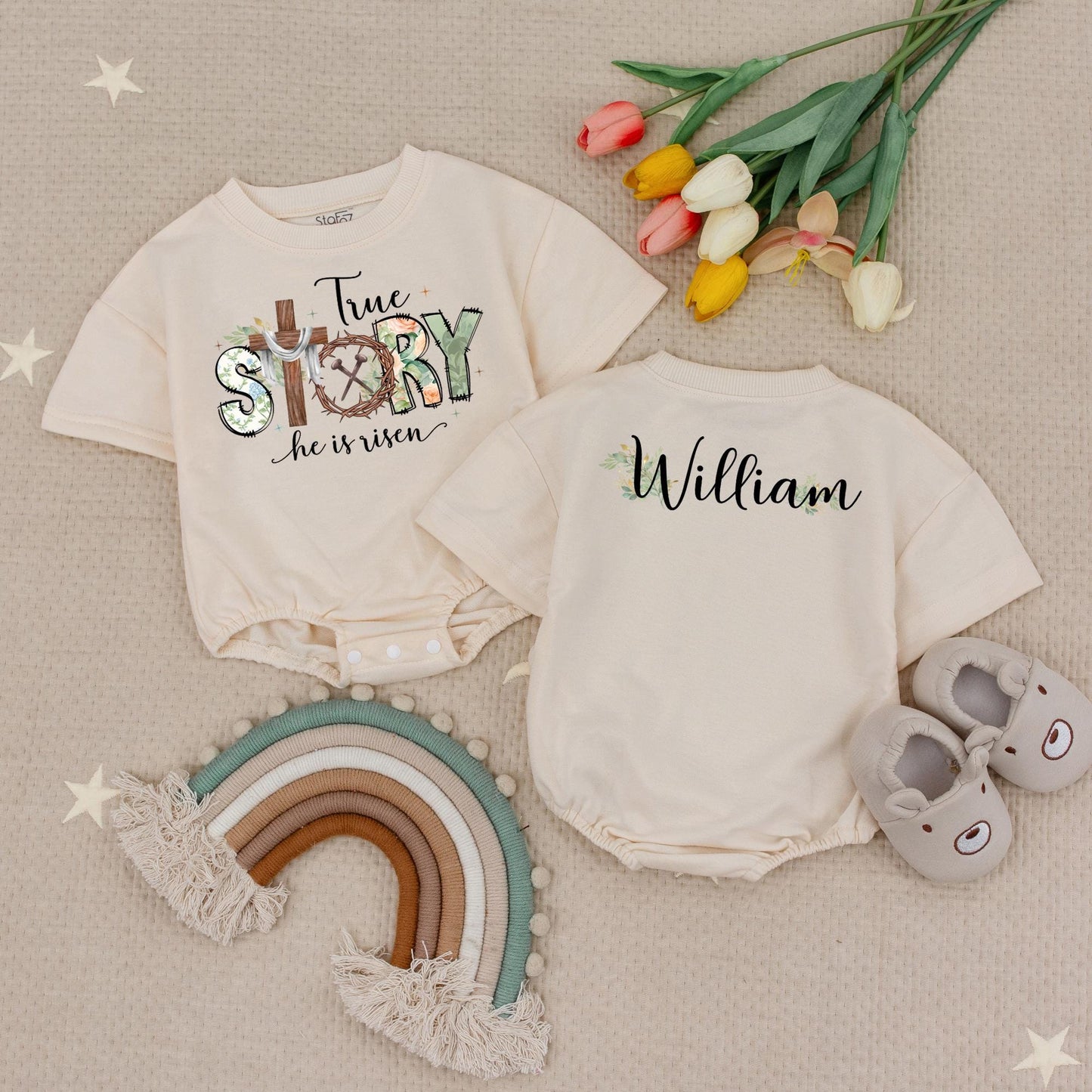 True Story Floral Easter Baby Bodysuit, He is Risen Outfit, Custom Name Romper, Christian Gift, Floral Accent, Baby Boy Girl Clothes 138 chr