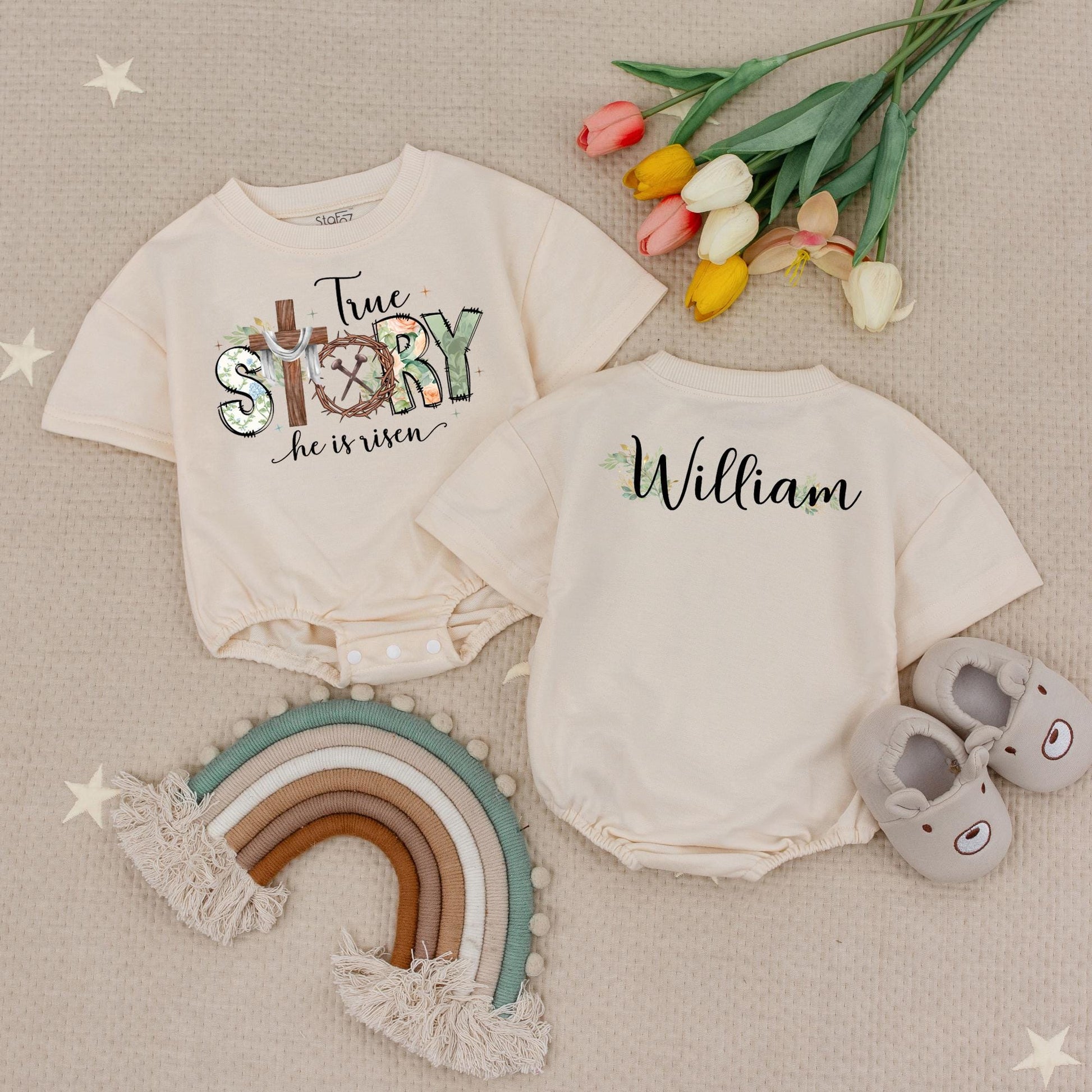 True Story Floral Easter Baby Bodysuit, He is Risen Outfit, Custom Name Romper, Christian Gift, Floral Accent, Baby Boy Girl Clothes 138 chr
