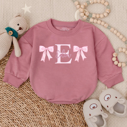 Custom Name Baby Girl Romper Sweatshirt with Bow | Personalized Infant Outfit Shower Gift | Cute Baby Clothes Idea for 1st Birthday