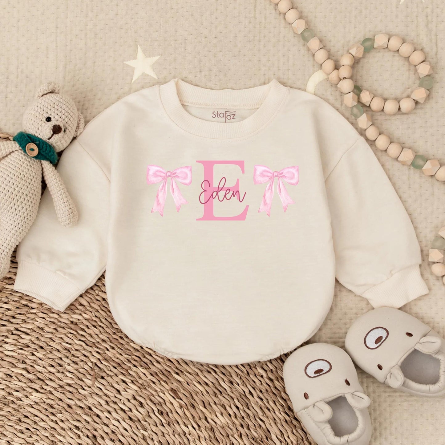 Custom Name Baby Girl Romper Sweatshirt with Bow | Personalized Infant Outfit Shower Gift | Cute Baby Clothes Idea for 1st Birthday