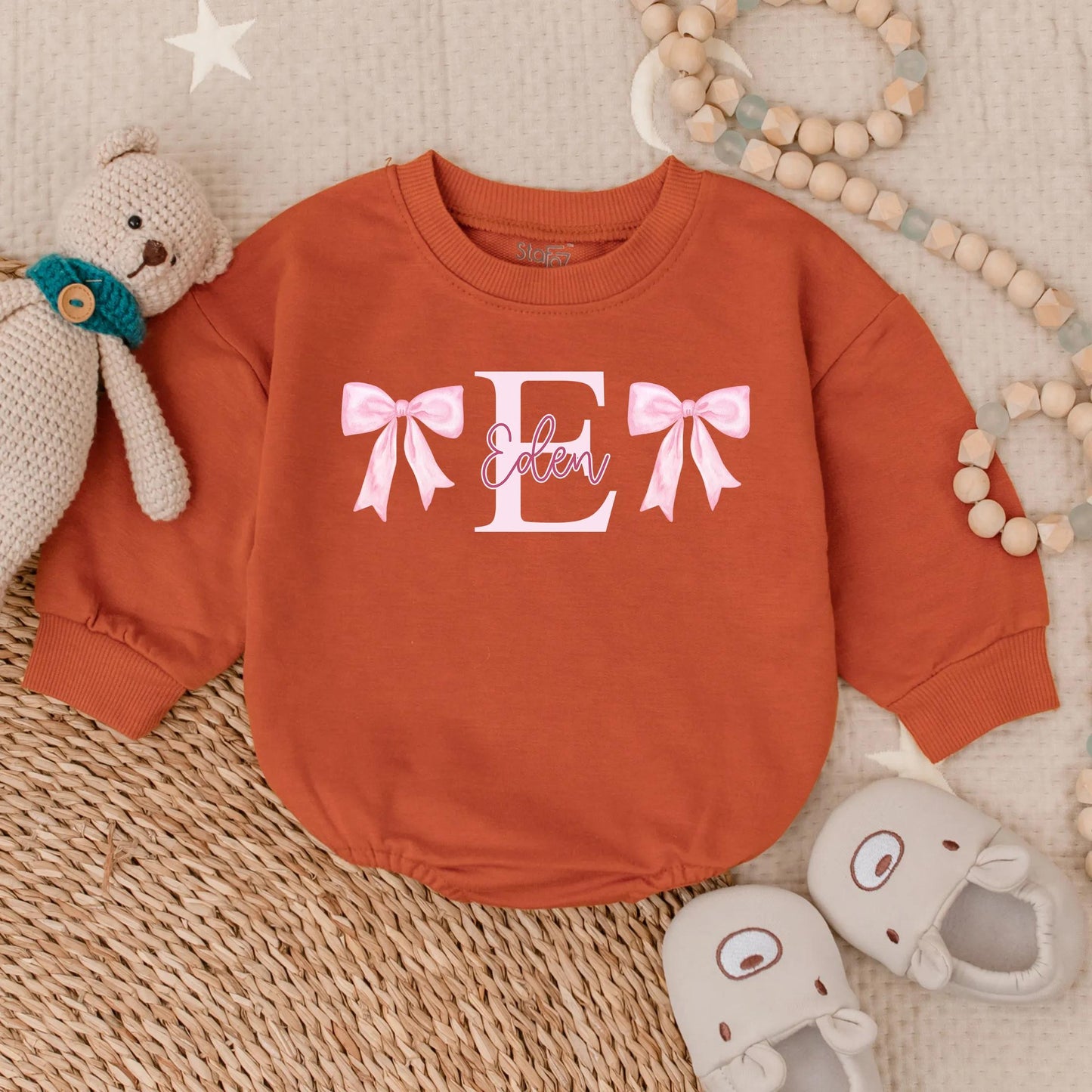Custom Name Baby Girl Romper Sweatshirt with Bow | Personalized Infant Outfit Shower Gift | Cute Baby Clothes Idea for 1st Birthday