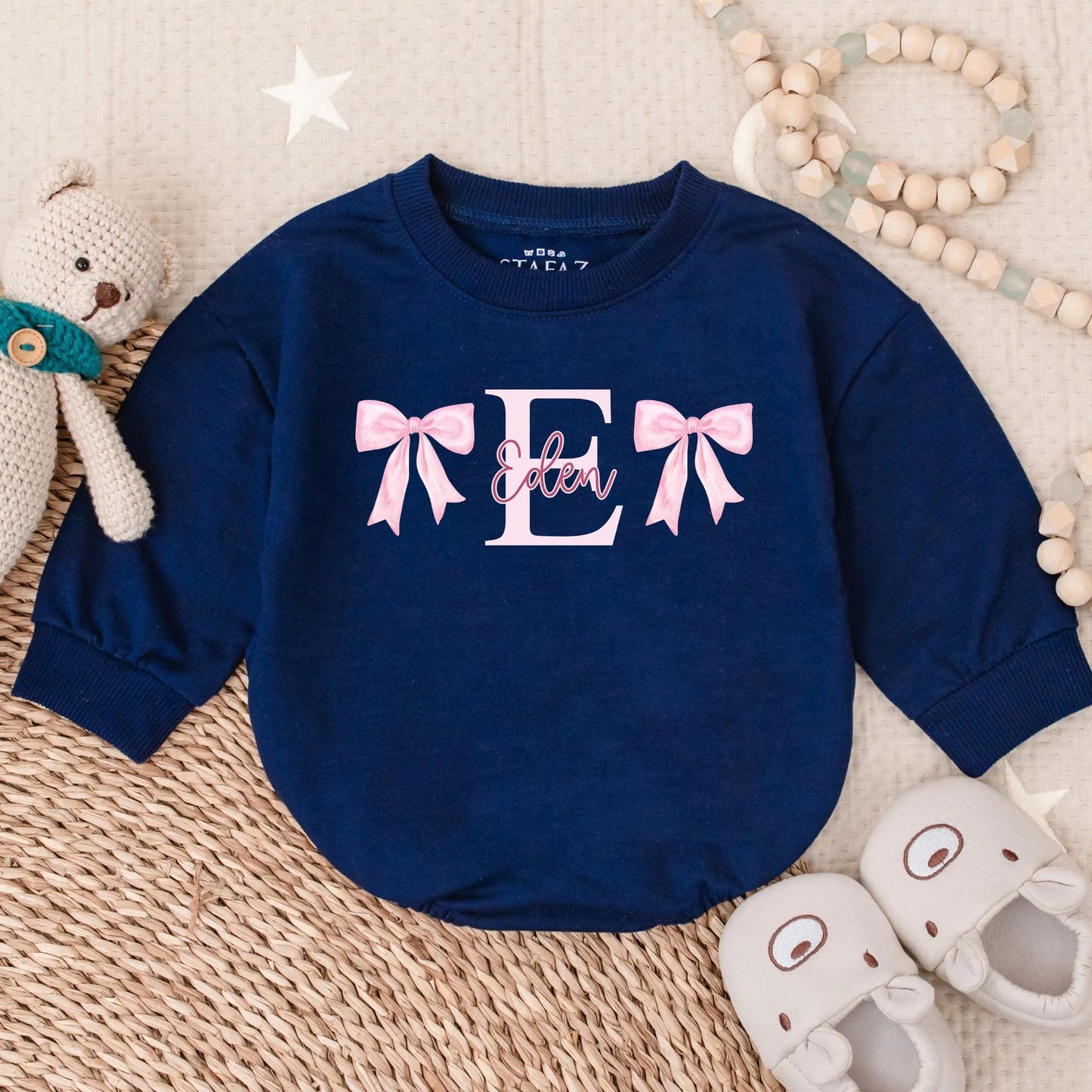 Custom Name Baby Girl Romper Sweatshirt with Bow | Personalized Infant Outfit Shower Gift | Cute Baby Clothes Idea for 1st Birthday