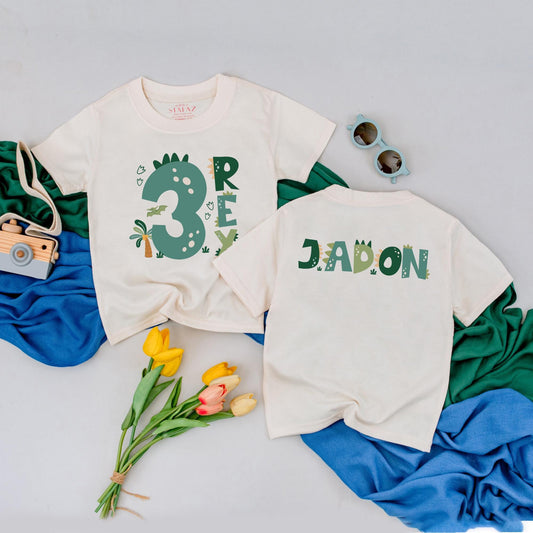 Personalized Three Rex Dinosaur Birthday T-Shirt 3rd Birthday Boy Outfit Toddler Tee Custom Name Roar Party Gift