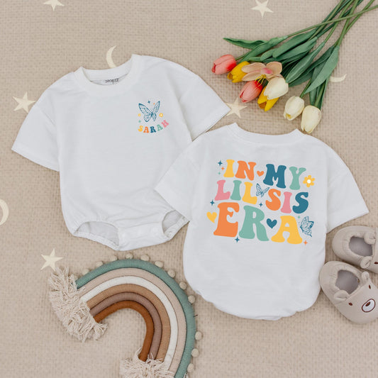 Personalized Retro Lil Sis Baby Romper, In My Lil Sis Era Bodysuit, Cute Little Sister Girl Outfit Natural Soft Cotton Blend Pregnancy Reveal Gift