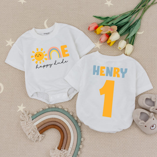 Custom One Happy Dude Sun Baby Romper 1st Birthday Outfit Boy, Sun Birthday Bodysuit, One Cool Dude Baby Clothes