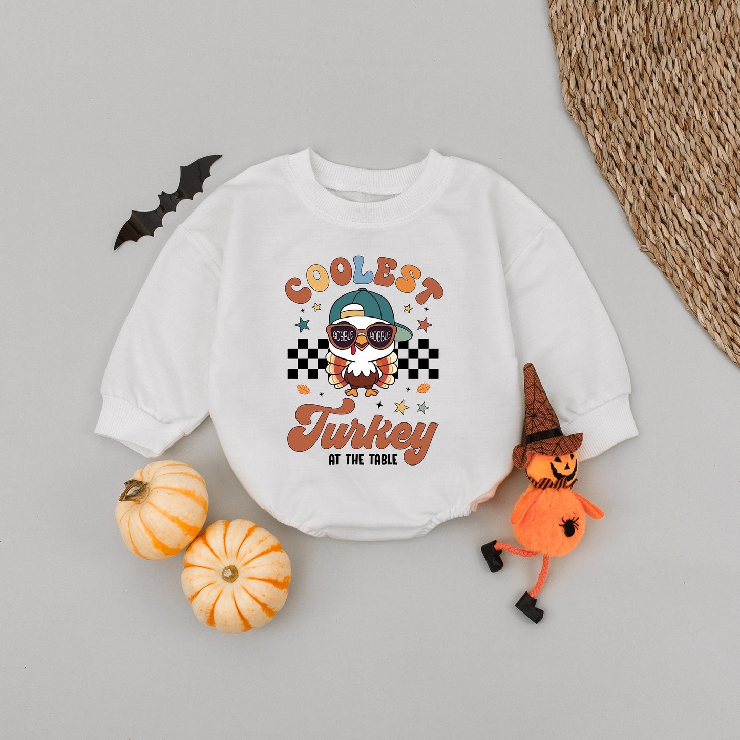 Coolest Turkey at the Table Baby Romper: Funny Thanksgiving Outfit for Baby Boy or Girl, Cute Fall Babysuit, First Thanksgiving Gift
