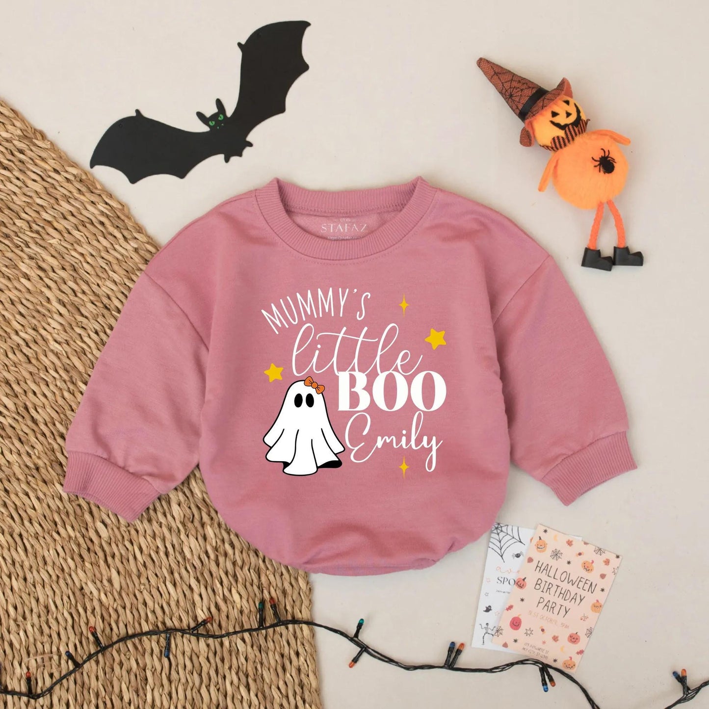 Personalized Mummy's Little Boo Halloween Romper for Baby Emily - Ghost Outfit with Orange & Black Design, Spooky Season Gift