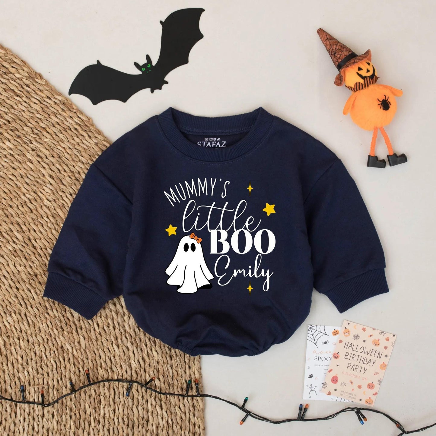 Personalized Mummy's Little Boo Halloween Romper for Baby Emily - Ghost Outfit with Orange & Black Design, Spooky Season Gift