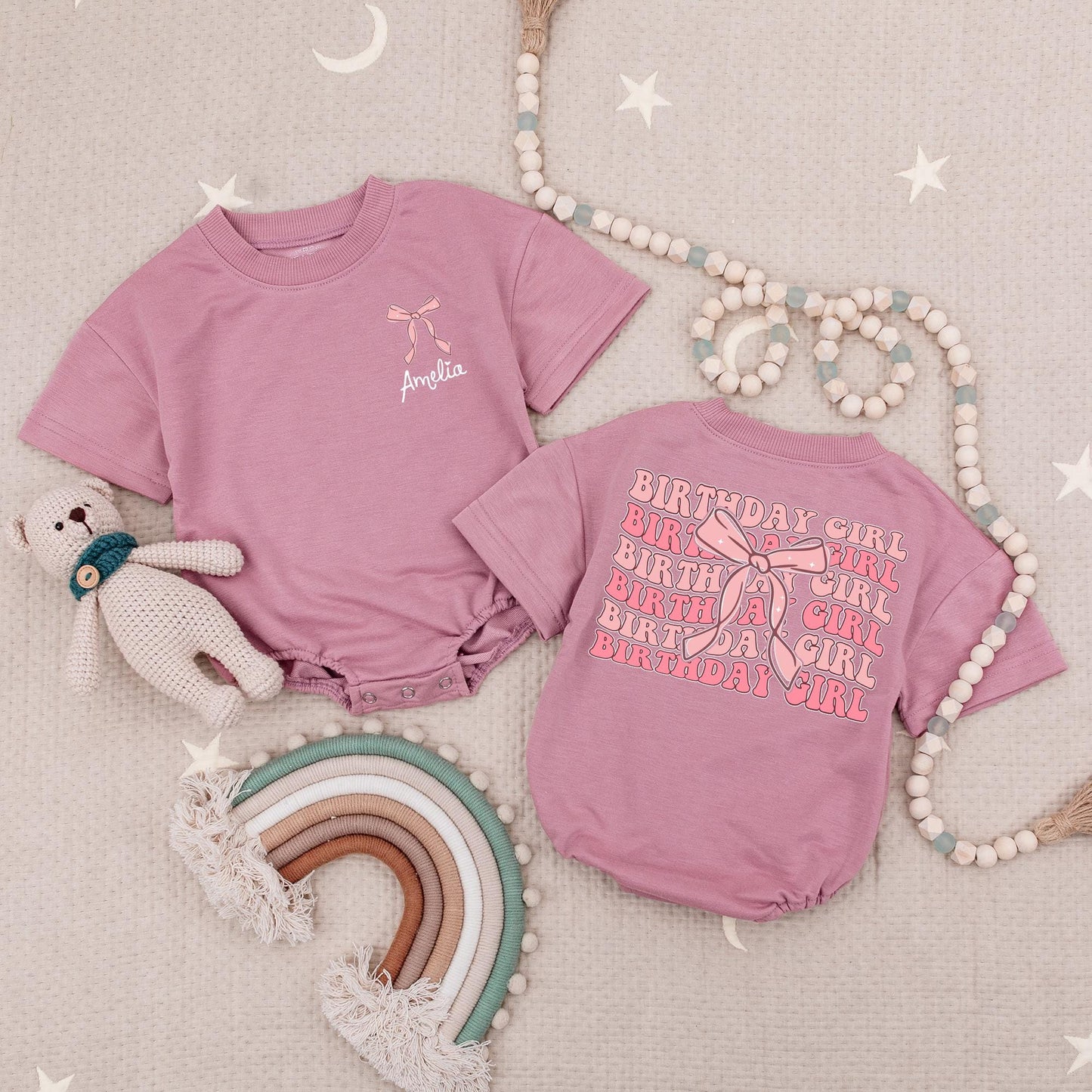Personalized Pink Bow Birthday Girl Romper Custom Name 1st Birthday Outfit Baby Girl Bodysuit Cute Party Outfit