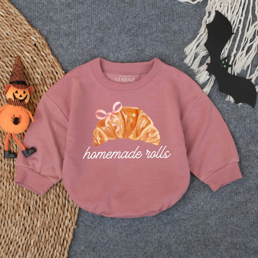 Cozy Fall Croissant Bodysuit Oversized Baby Girl Romper with Bow Thanksgiving Holiday Outfit