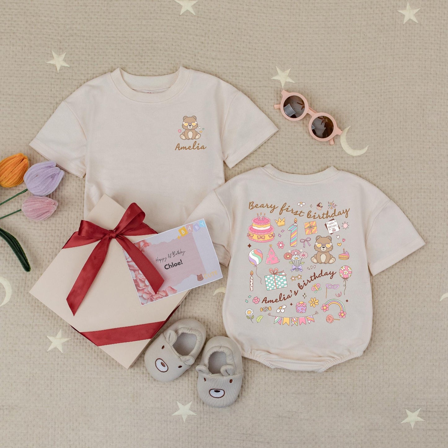 Personalized Beary First Birthday Baby Romper, Cute Bear Design for Baby Girl or Boy, Custom 1st Birthday Outfit, Pastel Colors