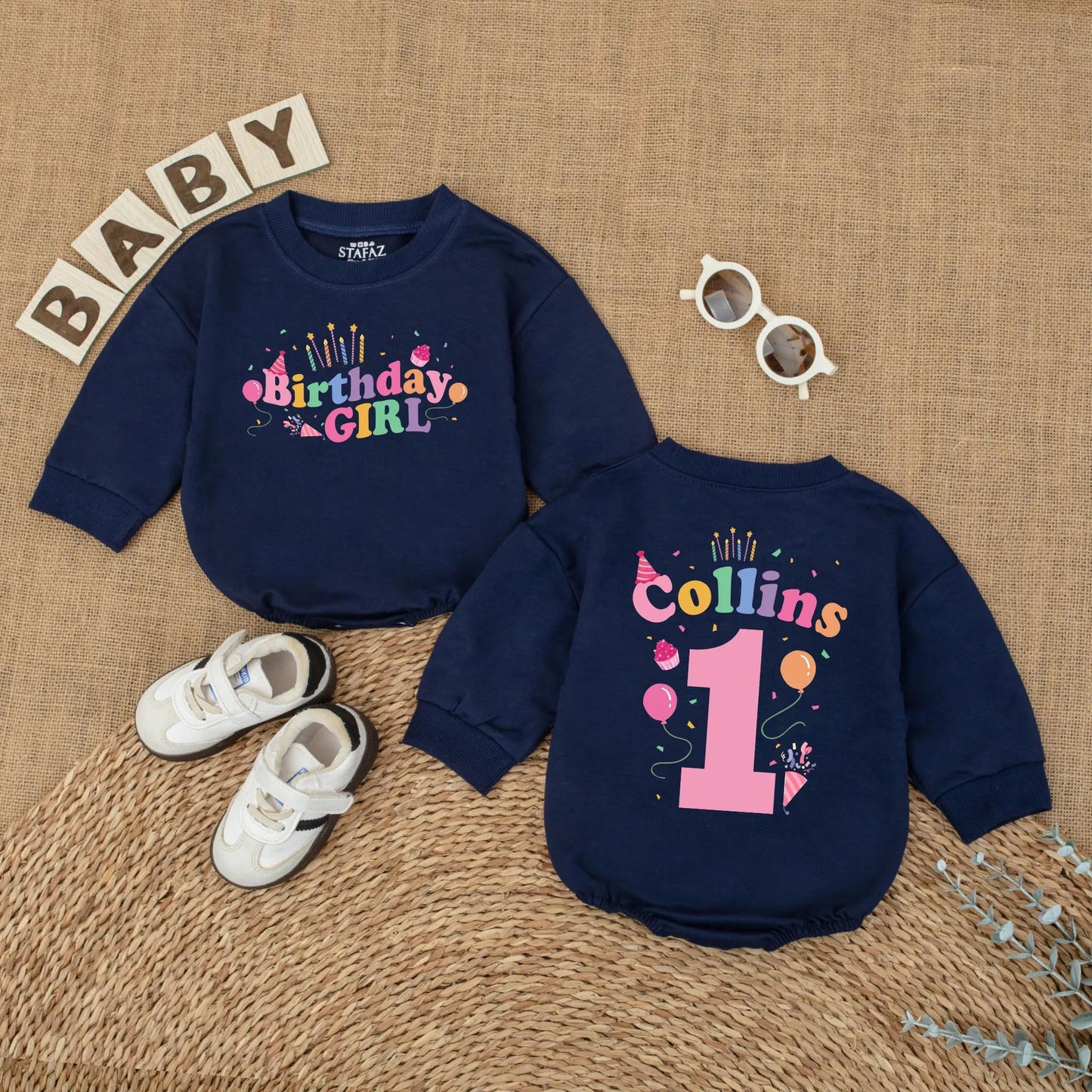 First Birthday Girl Romper Custom Name & Balloon Design, Baby Girl 1st Birthday Outfit, Bubble Romper, Cake Smash Photo Prop