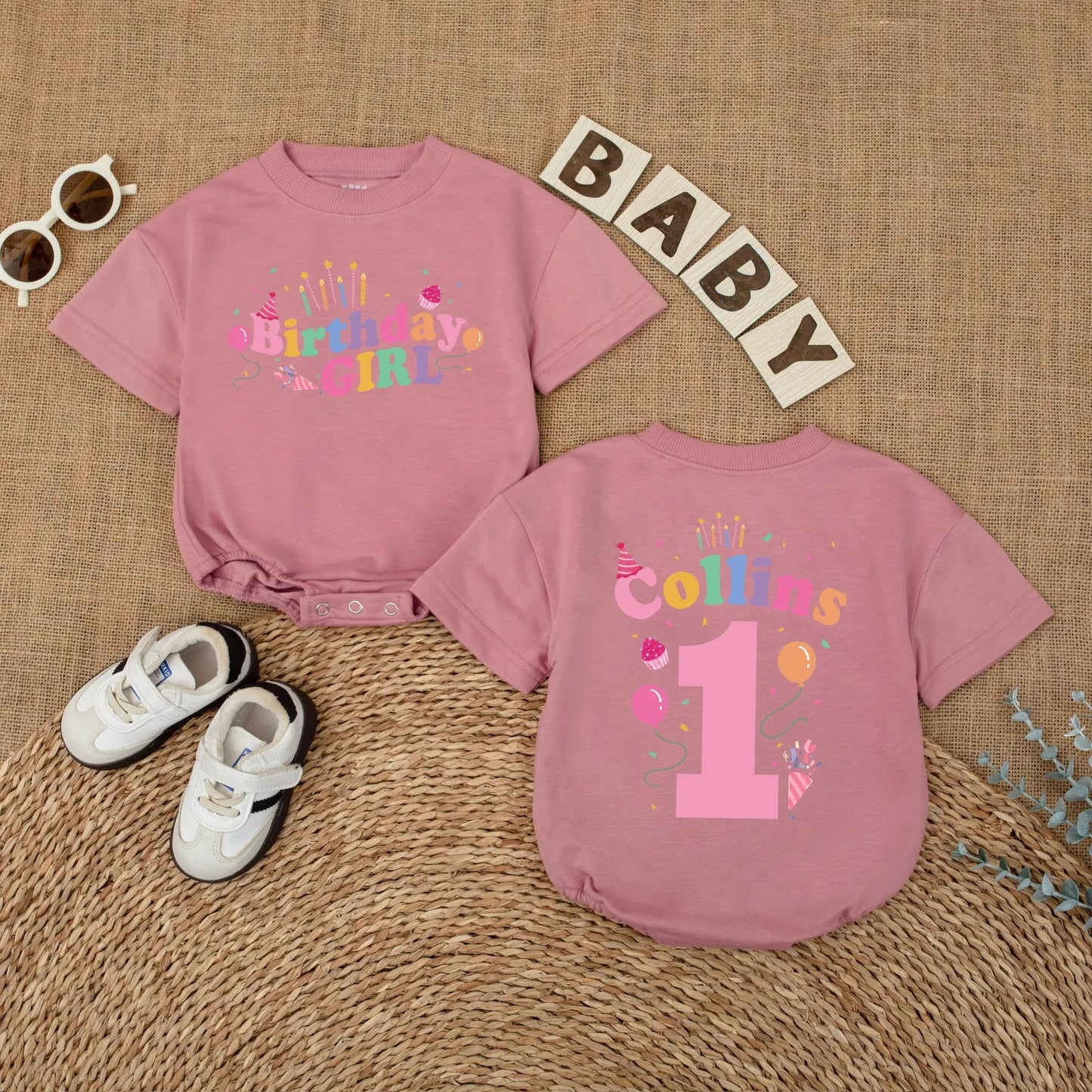 First Birthday Girl Romper Custom Name & Balloon Design, Baby Girl 1st Birthday Outfit, Bubble Romper, Cake Smash Photo Prop