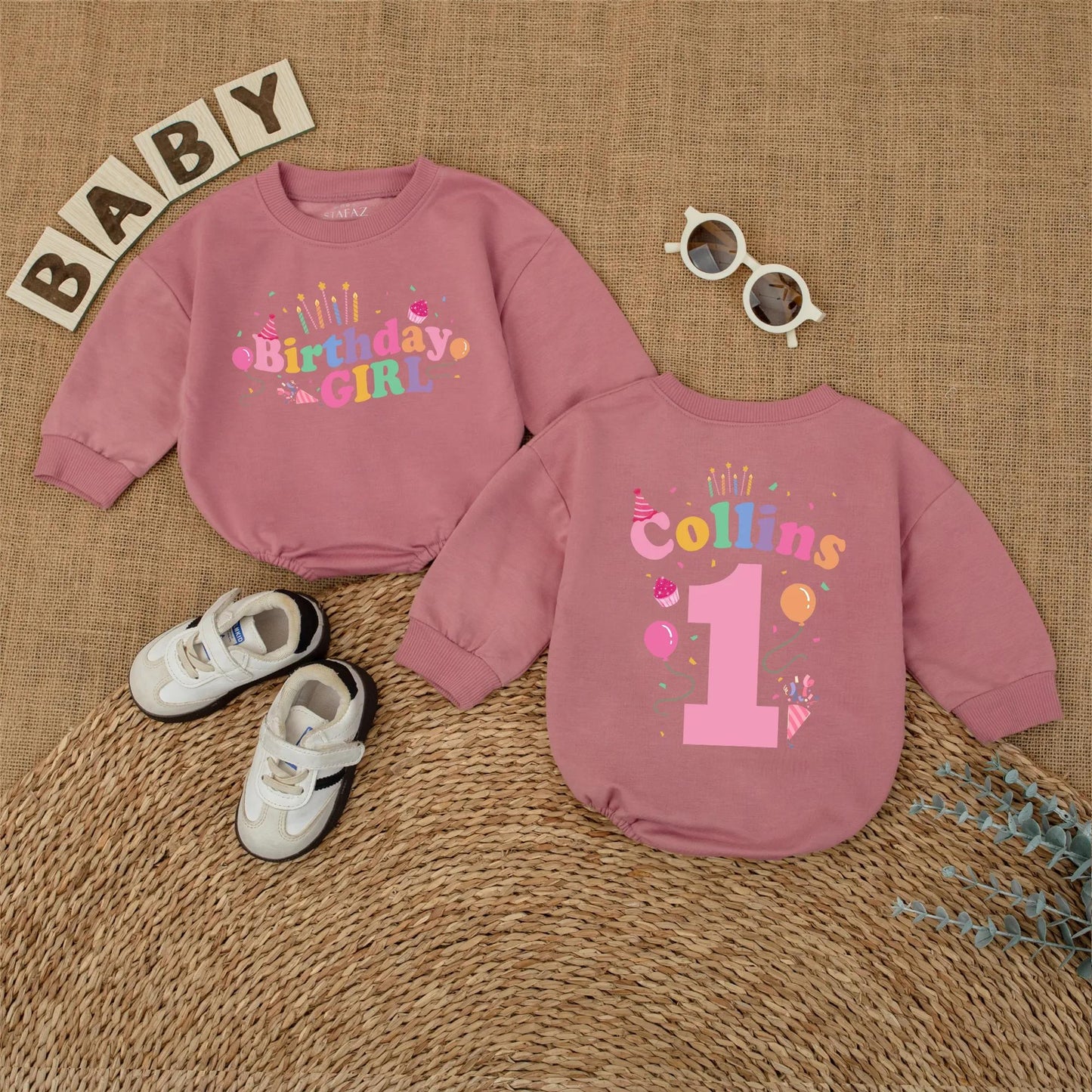 First Birthday Girl Romper Custom Name & Balloon Design, Baby Girl 1st Birthday Outfit, Bubble Romper, Cake Smash Photo Prop