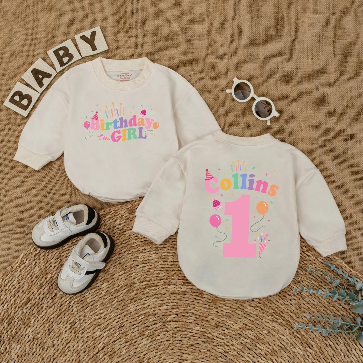 First Birthday Girl Romper Custom Name & Balloon Design, Baby Girl 1st Birthday Outfit, Bubble Romper, Cake Smash Photo Prop