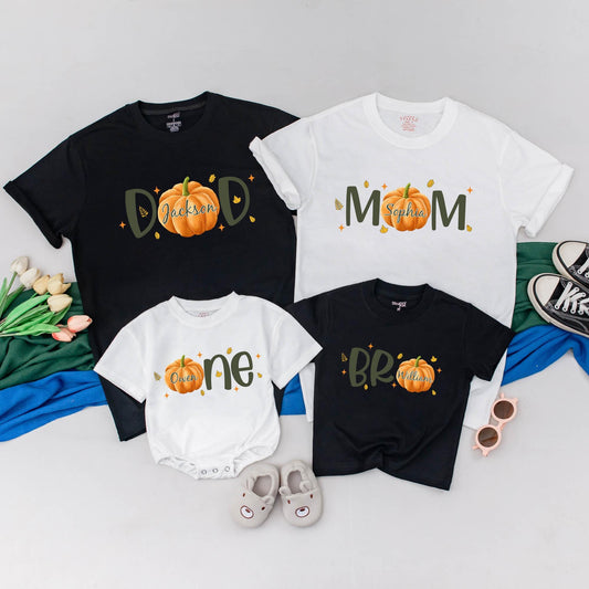 Personalized Family Pumpkin T-Shirts & Romper for Fall Birthdays and Thanksgiving Outfits
