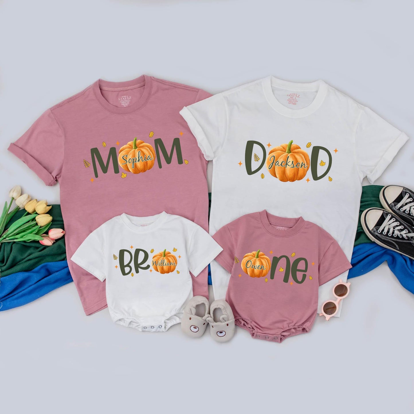 Personalized Family Pumpkin T-Shirts & Romper for Fall Birthdays and Thanksgiving Outfits