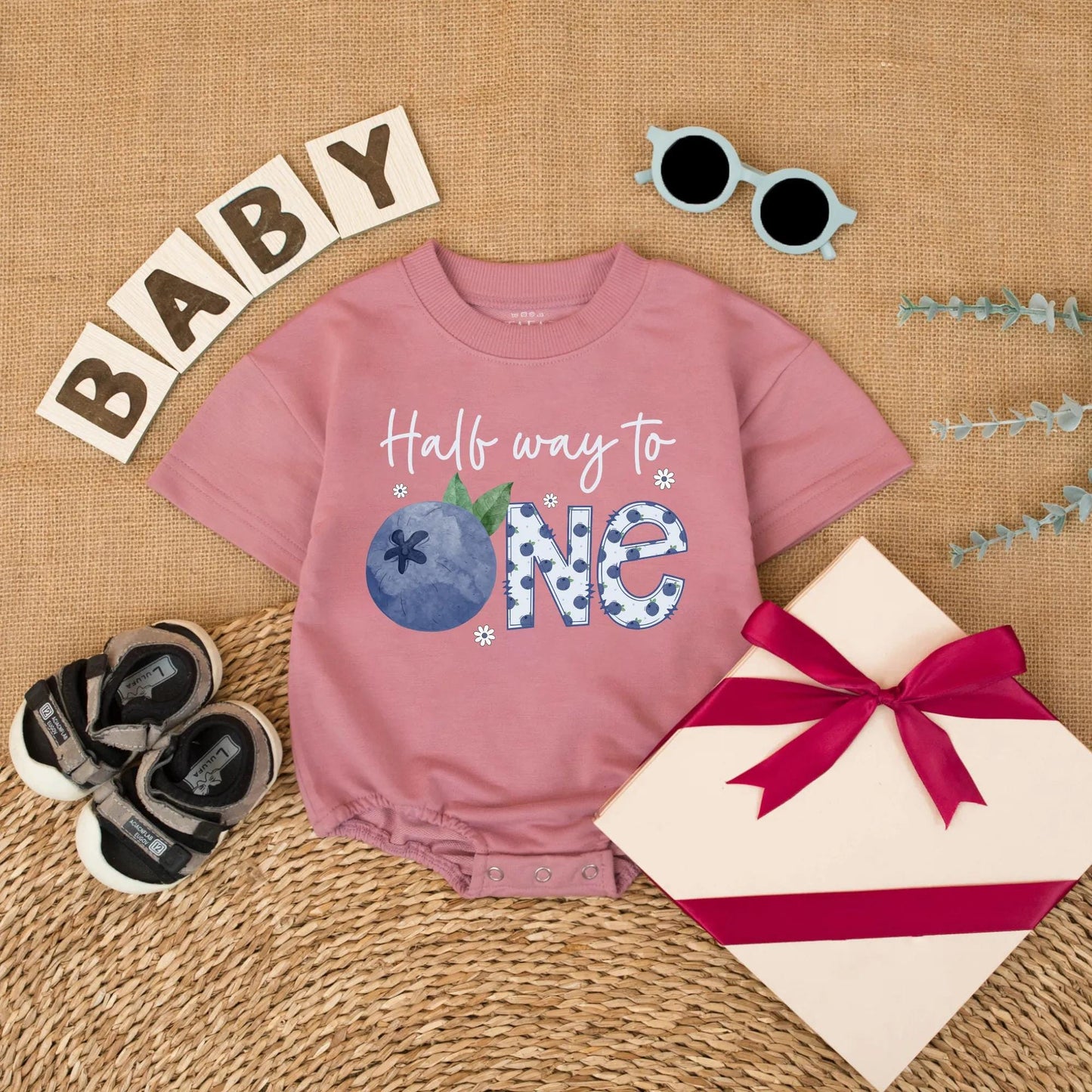 Personalized Blueberry Baby Girl Romper Half Birthday Outfit 6 Months Old Short Sleeve Bubble Bodysuit Half Year Celebration Unique Gift