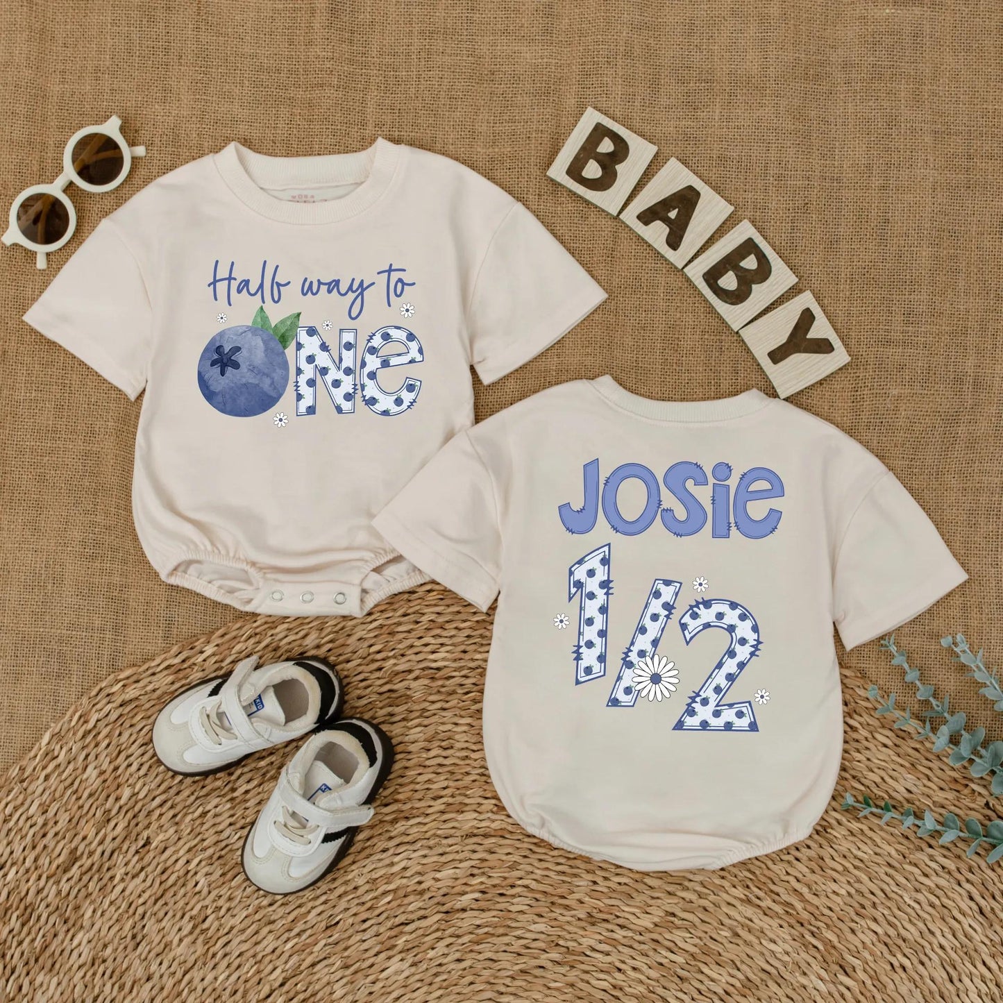 Personalized Blueberry Baby Girl Romper Half Birthday Outfit 6 Months Old Short Sleeve Bubble Bodysuit Half Year Celebration Unique Gift