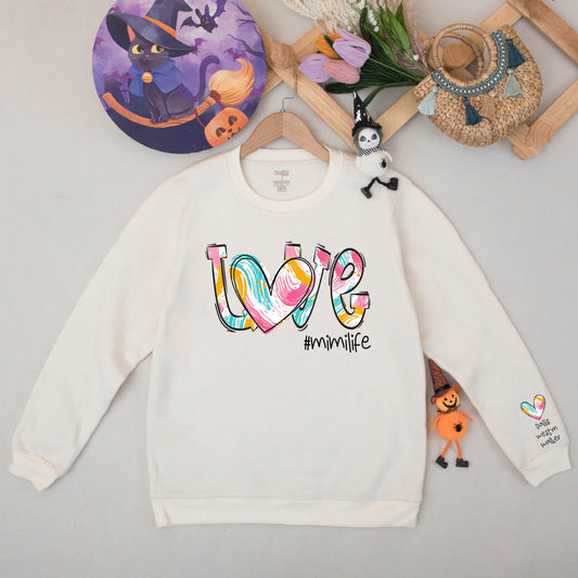 Personalized Mimi Sweatshirt with Grandkids Names on Sleeve, a cozy Mimilife Autumn Sweater Gift for Grandmas and Nanas
