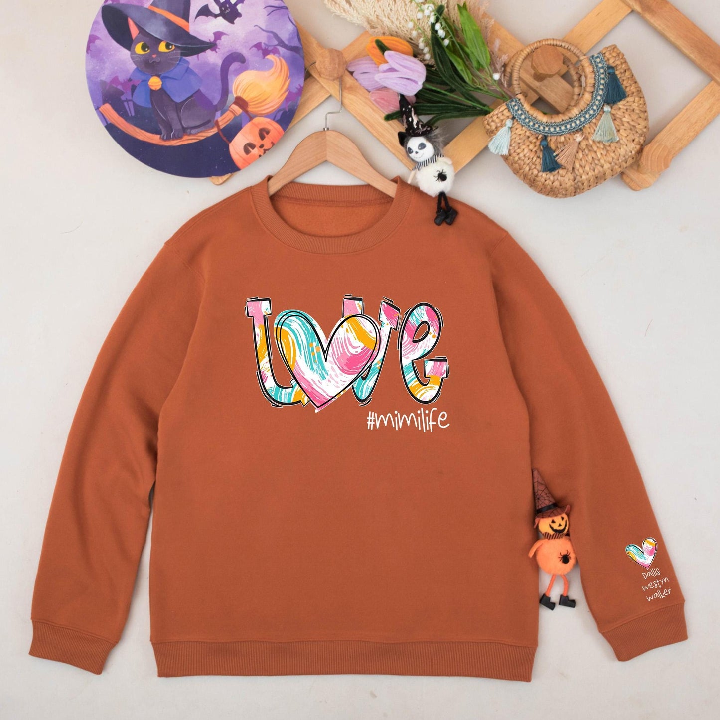 Personalized Mimi Sweatshirt with Grandkids Names on Sleeve, a cozy Mimilife Autumn Sweater Gift for Grandmas and Nanas