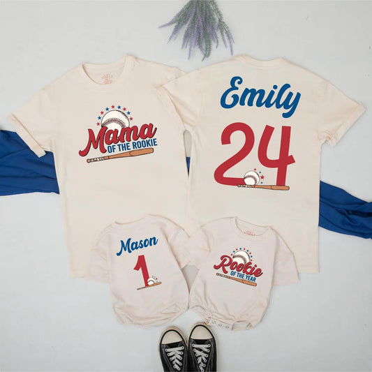 Matching Rookie of the Year Baseball Family Shirts, Custom Name & Number for Mom, Baby & Toddler's 1st Birthday! Baseball Season Ready