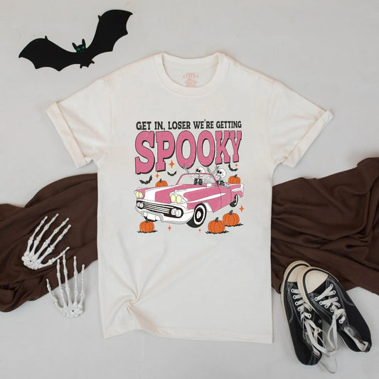 Get In, Loser We're Getting Spooky Pink Retro Halloween Car Shirt, Spooky Couple Tee, Fall Party Outfit
