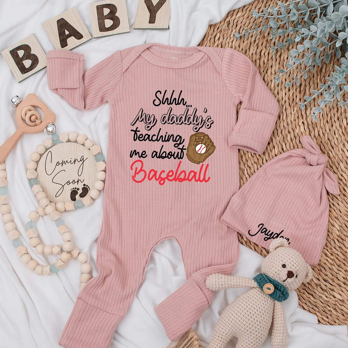 Shhh...My Daddy's Teaching Me Baseball Bodysuit Funny Baby Outfit Custom Newborn Romper Baseball with Daddy Sports Baby Boy Gift
