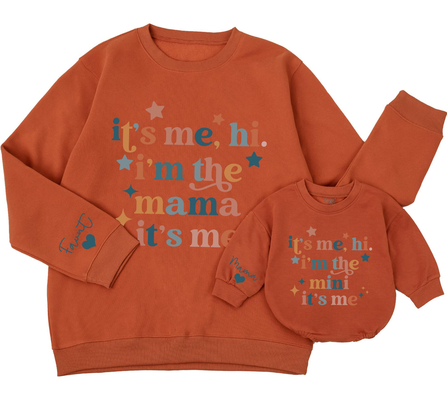 Retro Mama & Mini "It's Me Hi" Matching Sweatshirt and Baby Romper Blue Coral Brown Star Diamond Graphic Cozy Family Gift
