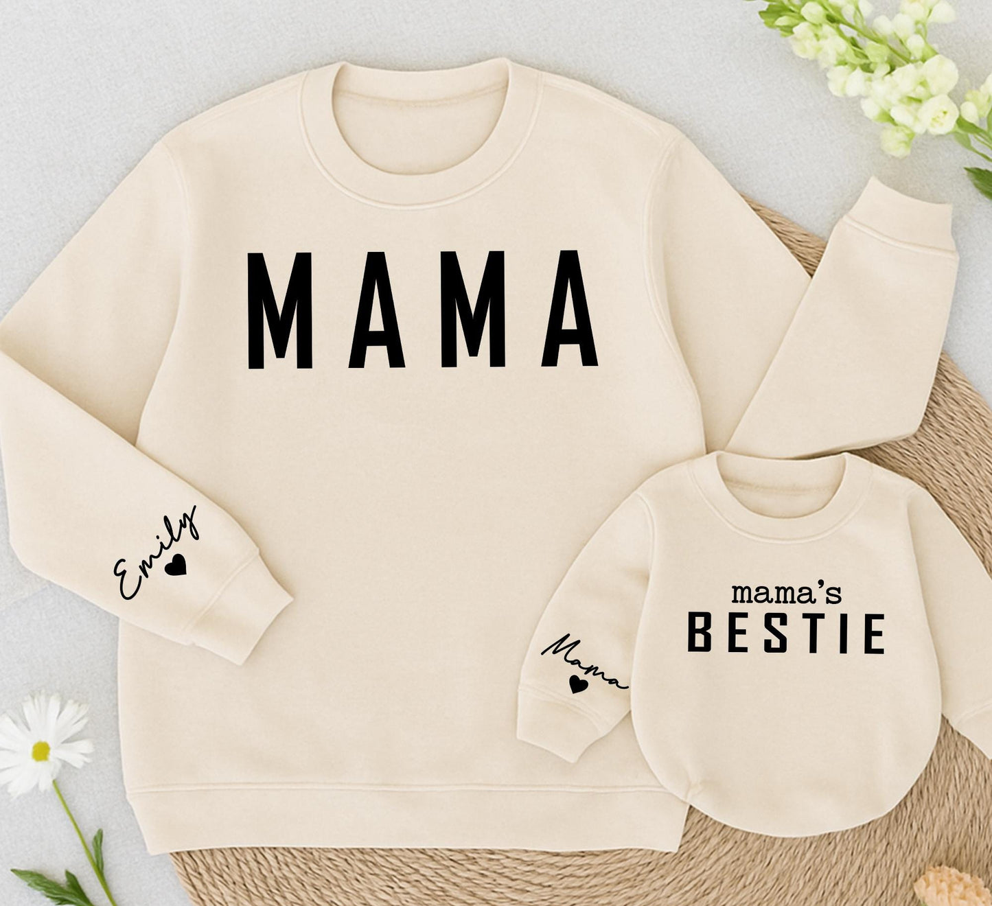 Personalized Mama and Bestie Sweatshirt with Name on Sleeve Matching Family Gift Soft Cotton Comfortable Holiday Outfit