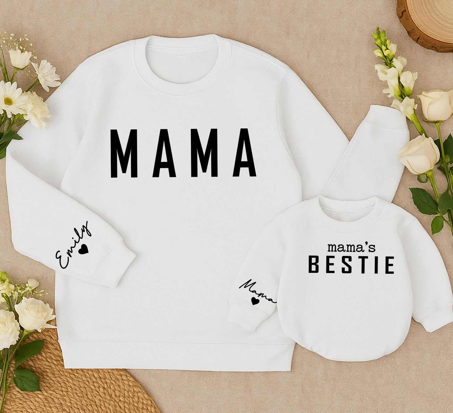 Personalized Mama and Bestie Sweatshirt with Name on Sleeve Matching Family Gift Soft Cotton Comfortable Holiday Outfit