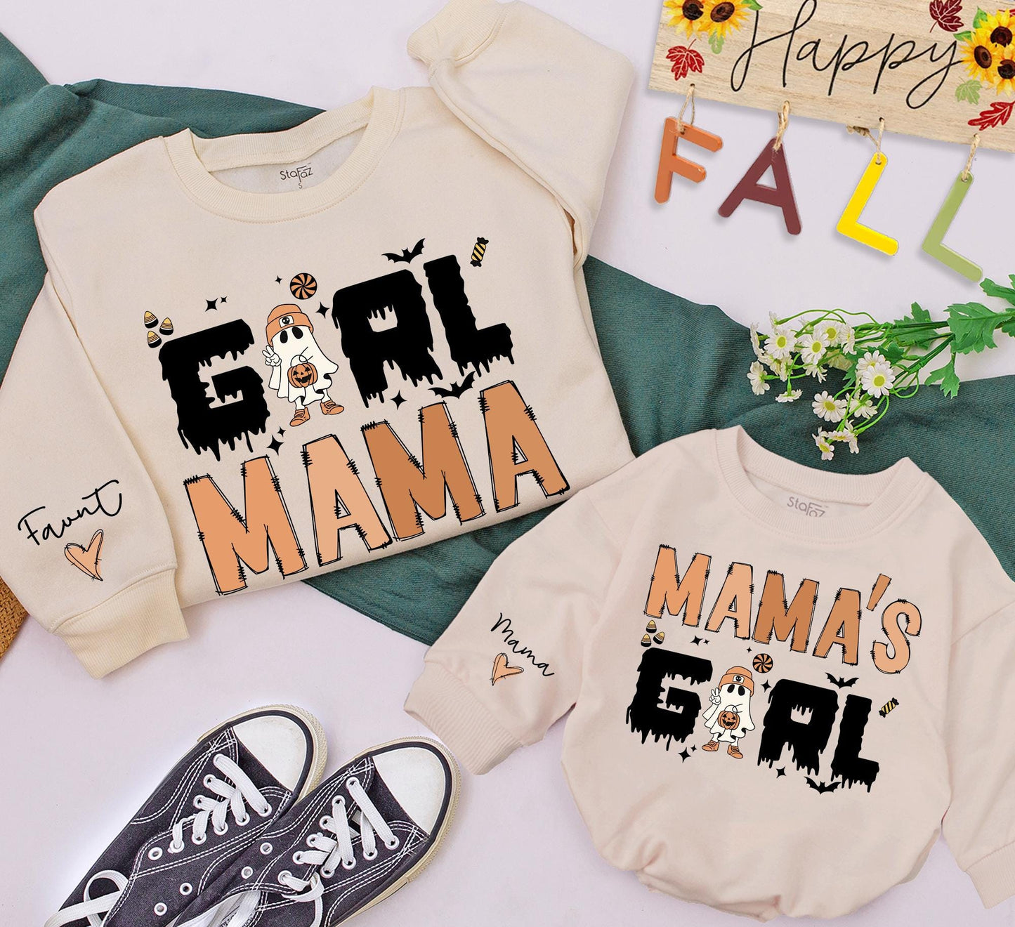 Girl Mama & Mama's Girl Halloween Matching Outfit - Spooky Season Family Sweatshirts, Custom Gifts for Mom & Baby