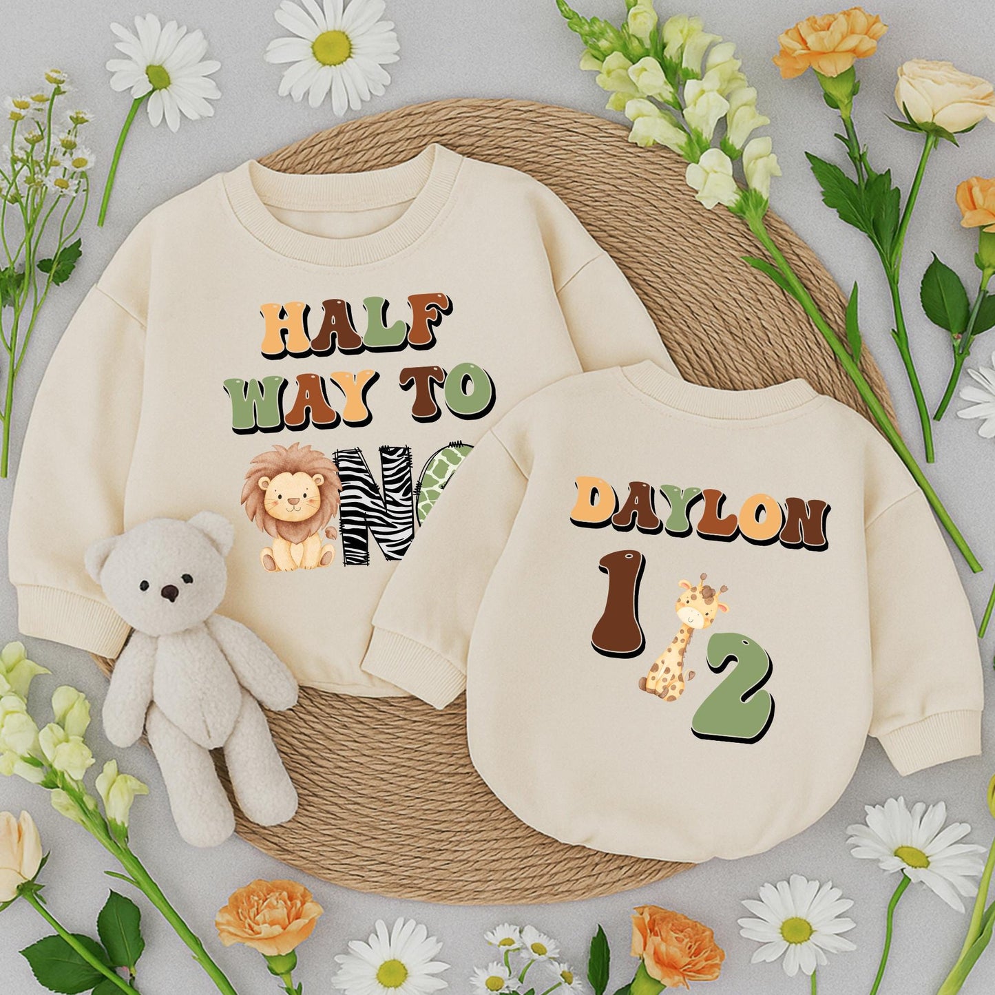 Baby Boy Half Birthday Safari Outfit Custom Name "Half Way to One" Lion Zebra Green Khaki Retro