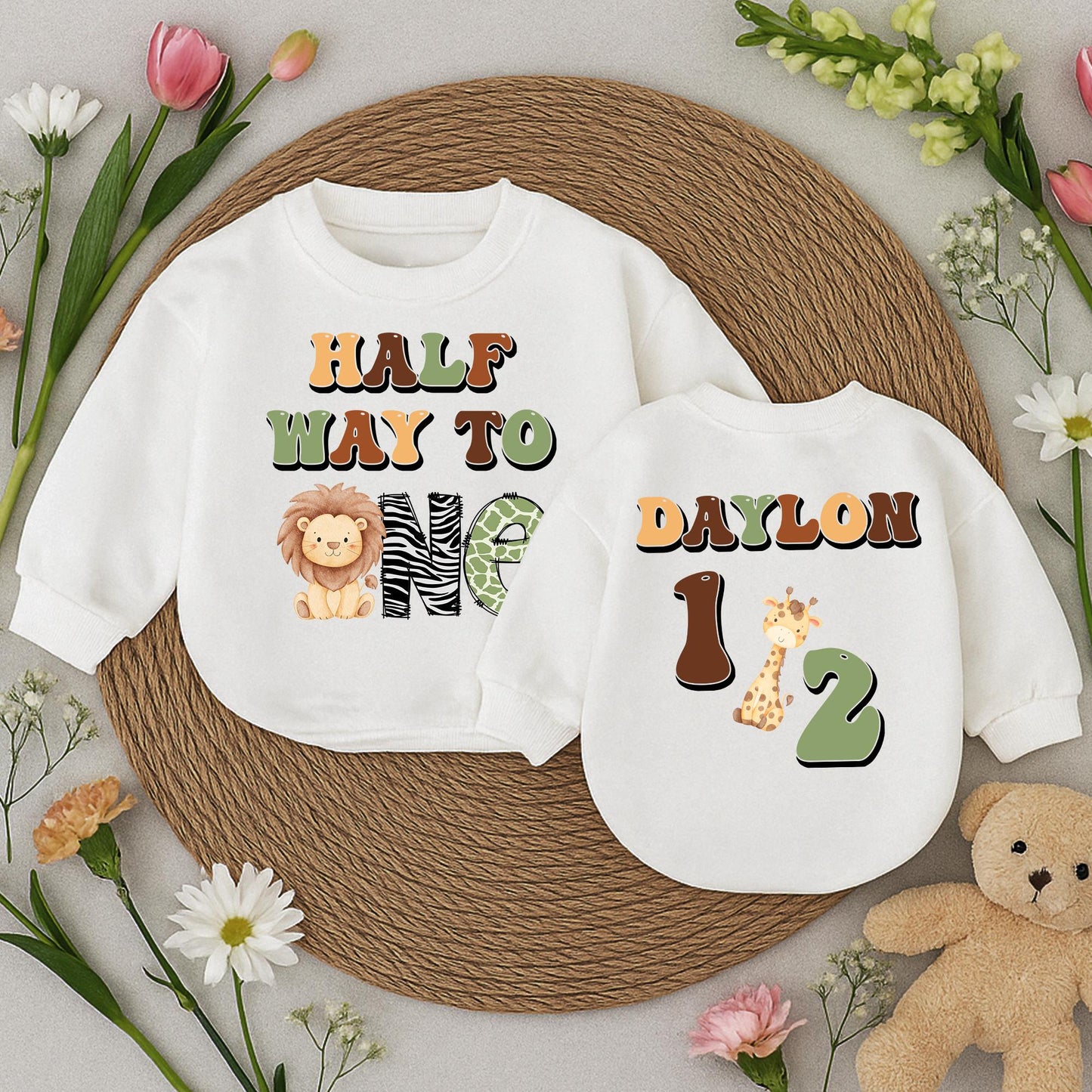 Baby Boy Half Birthday Safari Outfit Custom Name "Half Way to One" Lion Zebra Green Khaki Retro