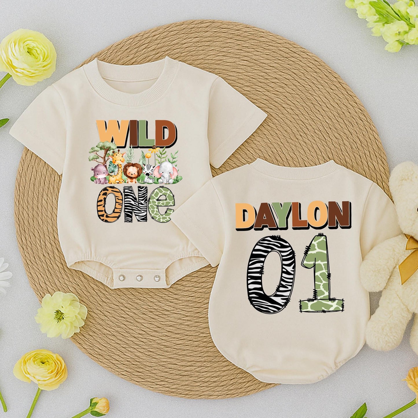 Wild One Safari Birthday Romper Personalized Daylon 01 Jungle Animals Baby Toddler Outfit First Birthday Boy Girl Gift