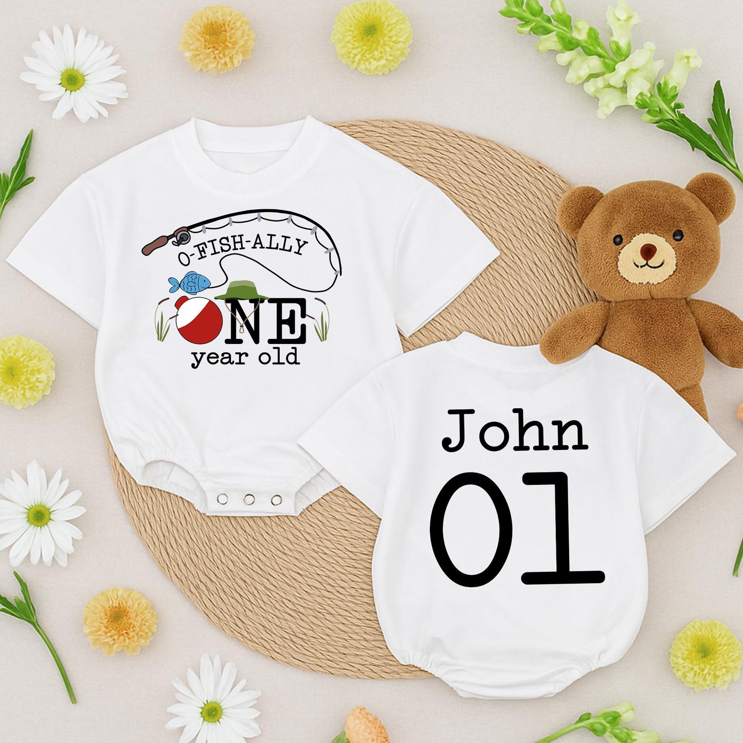 O-Fish-Ally One Birthday Baby Romper Fishing Bobber Reeds Blue Fish Green Hat John 01 First Birthday Outfit Toddler Fun Celebration Clothes