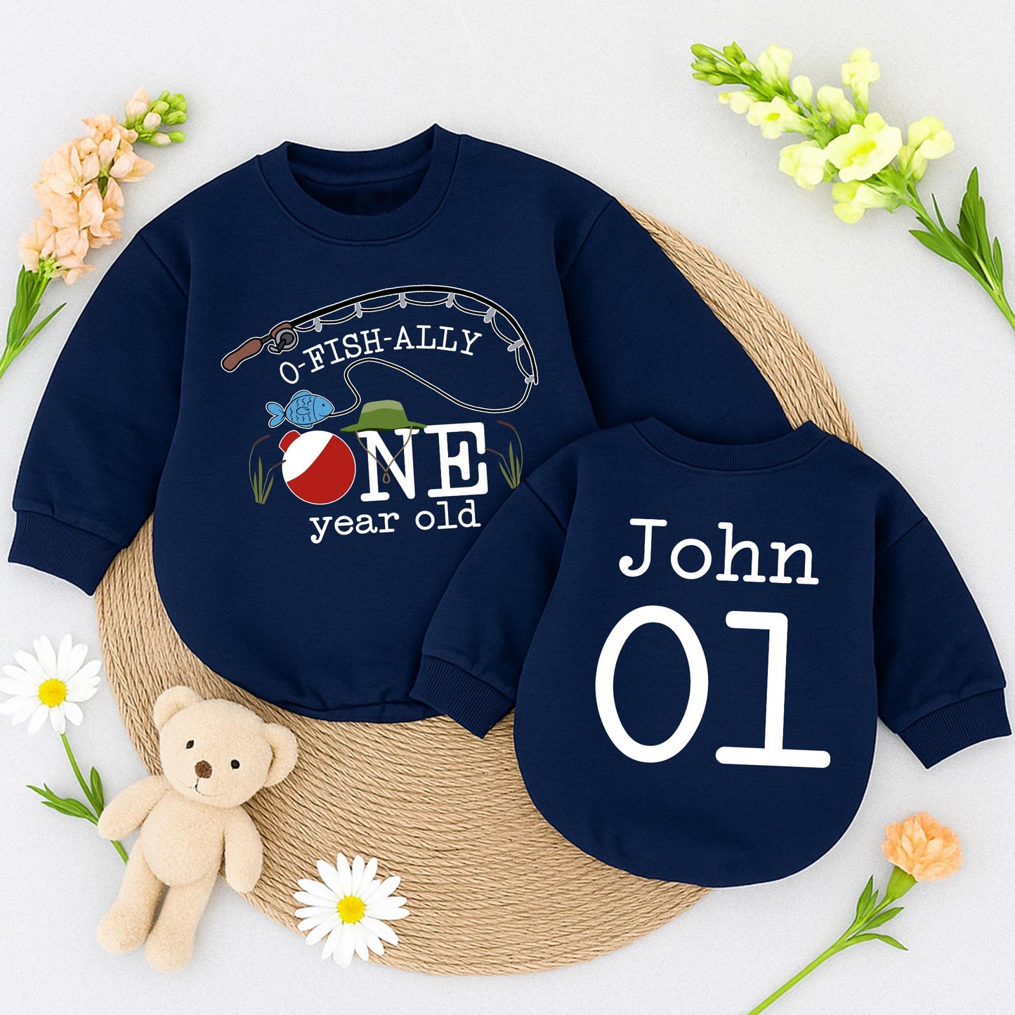 O-Fish-Ally One Birthday Baby Romper Fishing Bobber Reeds Blue Fish Green Hat John 01 First Birthday Outfit Toddler Fun Celebration Clothes