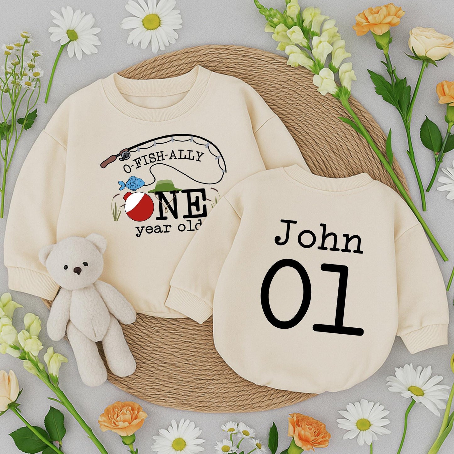 O-Fish-Ally One Birthday Baby Romper Fishing Bobber Reeds Blue Fish Green Hat John 01 First Birthday Outfit Toddler Fun Celebration Clothes