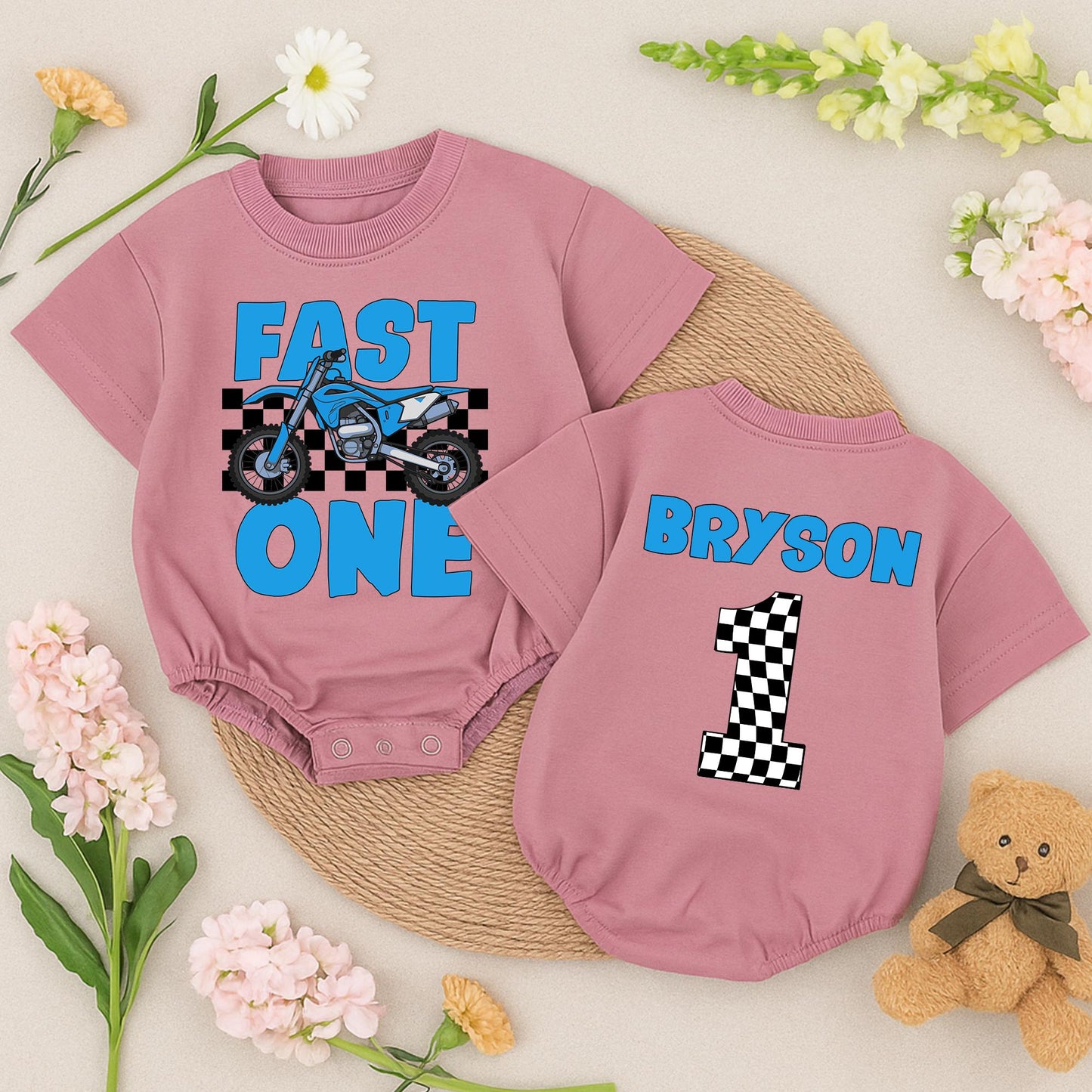 Fast One Racing Birthday Shirt for Baby Boy Blue Motorcycle Checkered Flag First Birthday Outfit