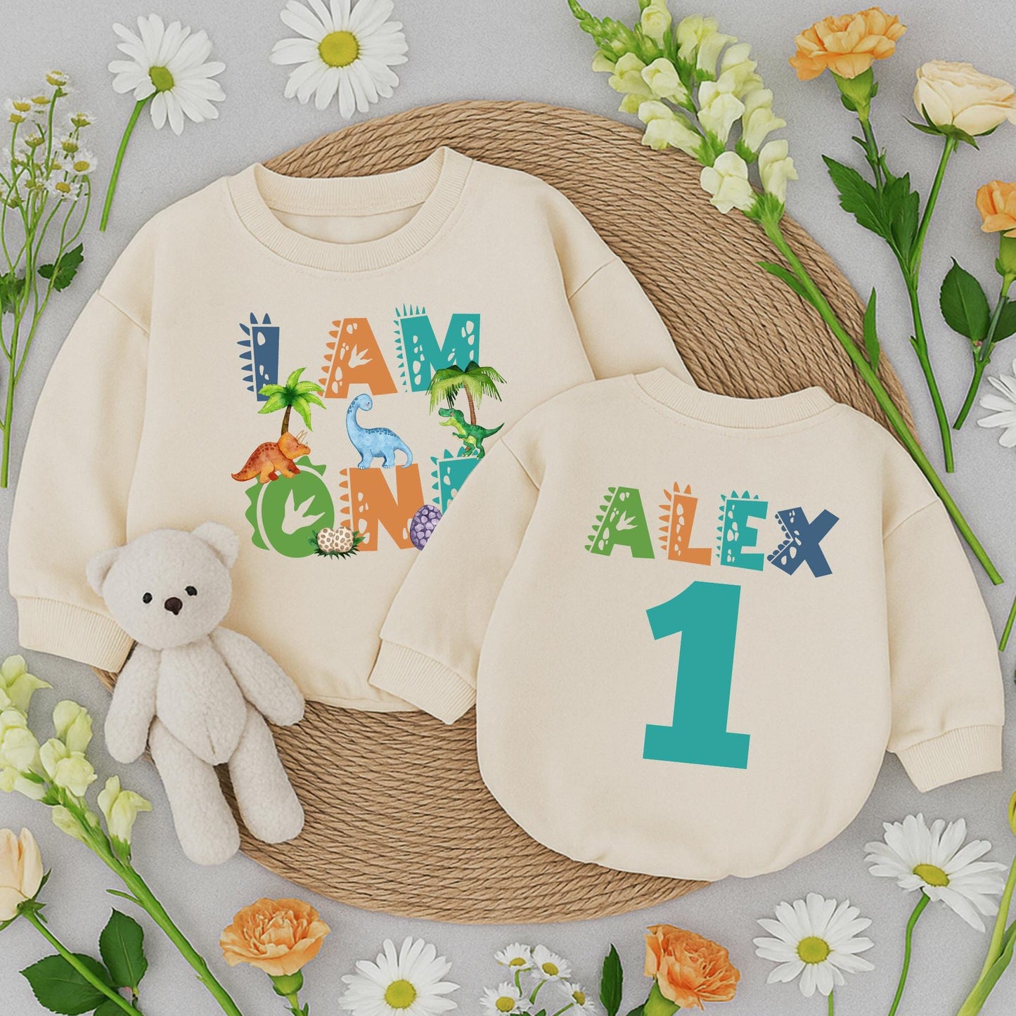 Alex's 1st Birthday Dinosaur Romper Cute Dino Scale Pattern "I Am One" Outfit for Baby Boys