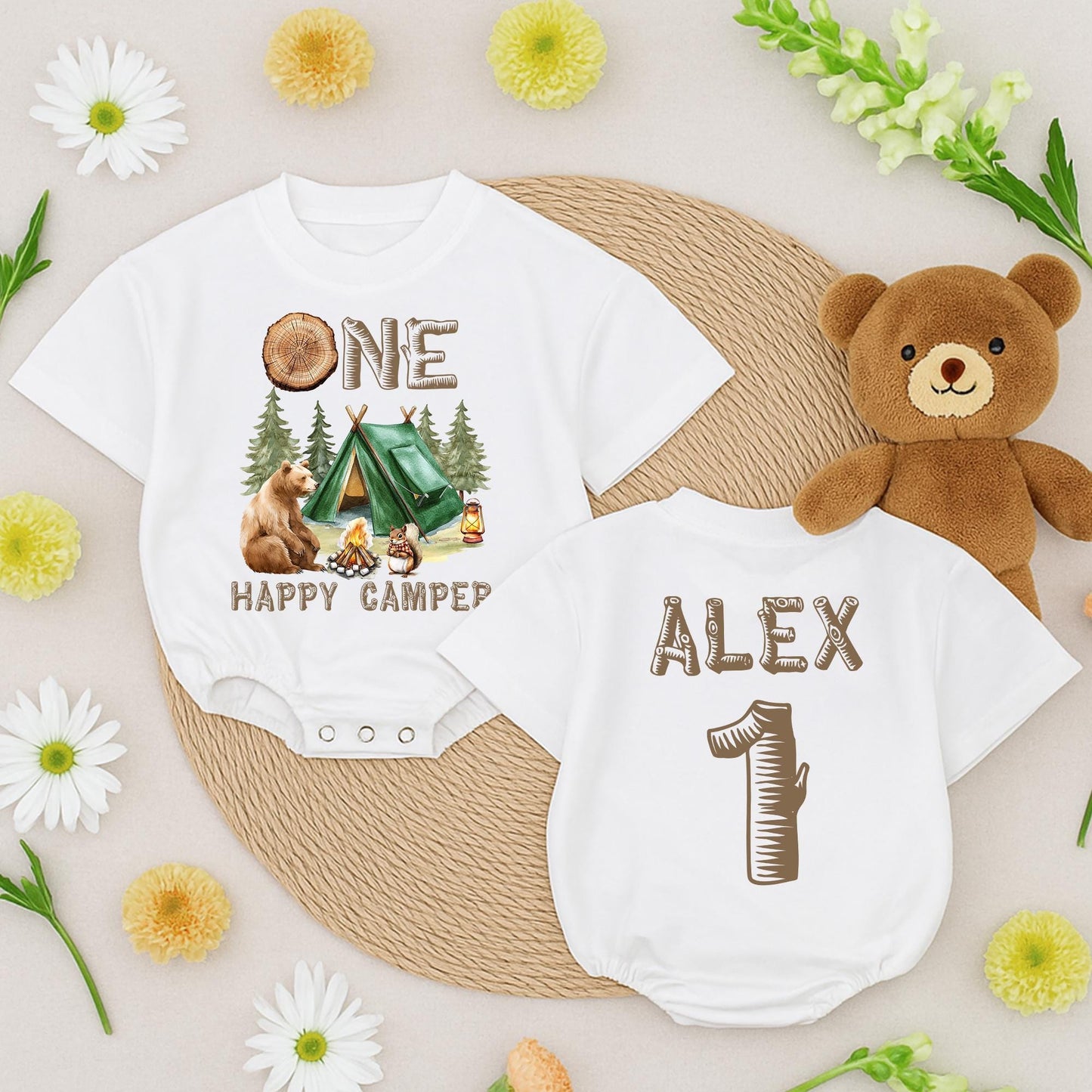 Personalized One Happy Camper Baby Romper Retro First Birthday Camping Adventure Outfit Toddler Boys Girls Baby Shower Gift Earthy Vintage Design