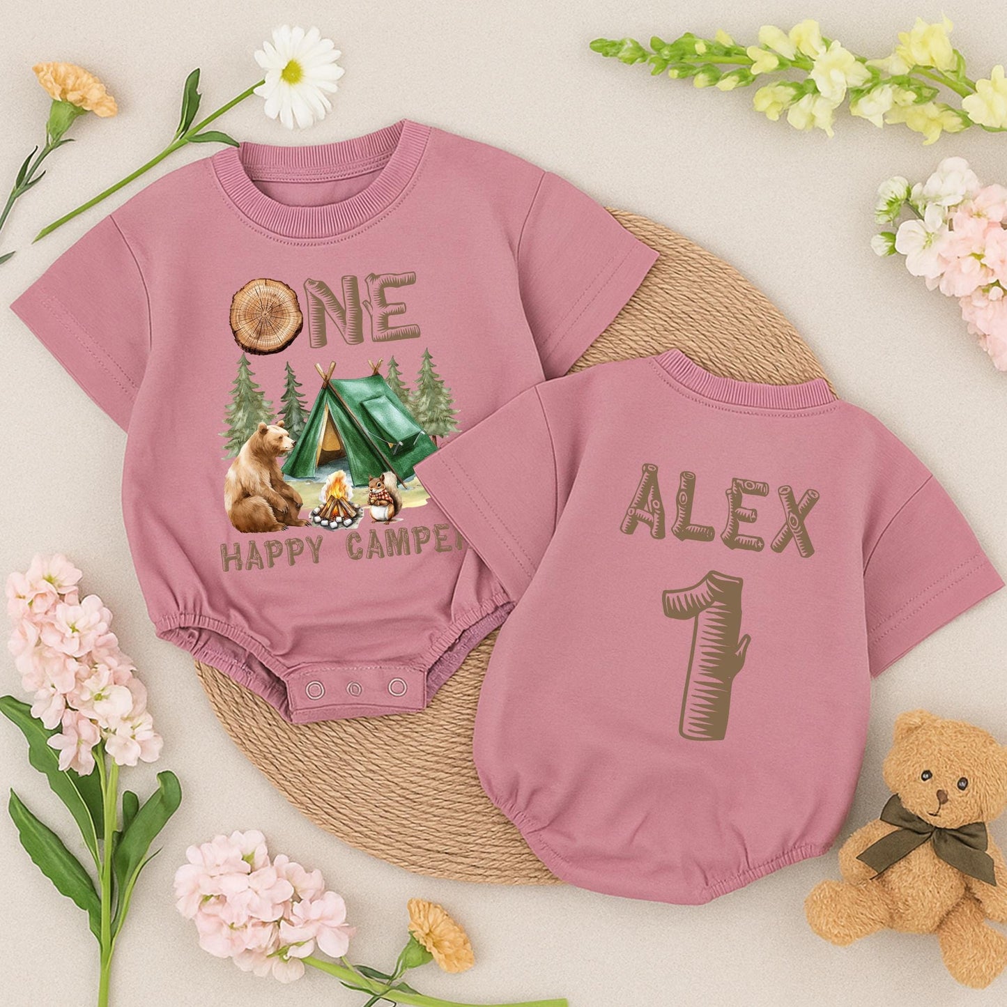 Personalized One Happy Camper Baby Romper Retro First Birthday Camping Adventure Outfit Toddler Boys Girls Baby Shower Gift Earthy Vintage Design