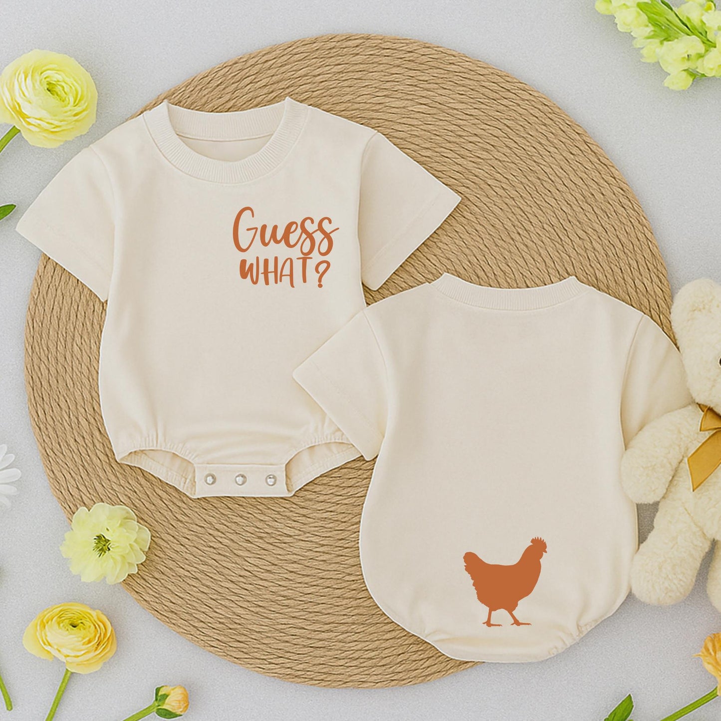 Guess What Chicken Butt Baby Romper Funny Double Sided Bodysuit Gender Neutral Baby Shower Gift Cute Newborn Outfit White Text