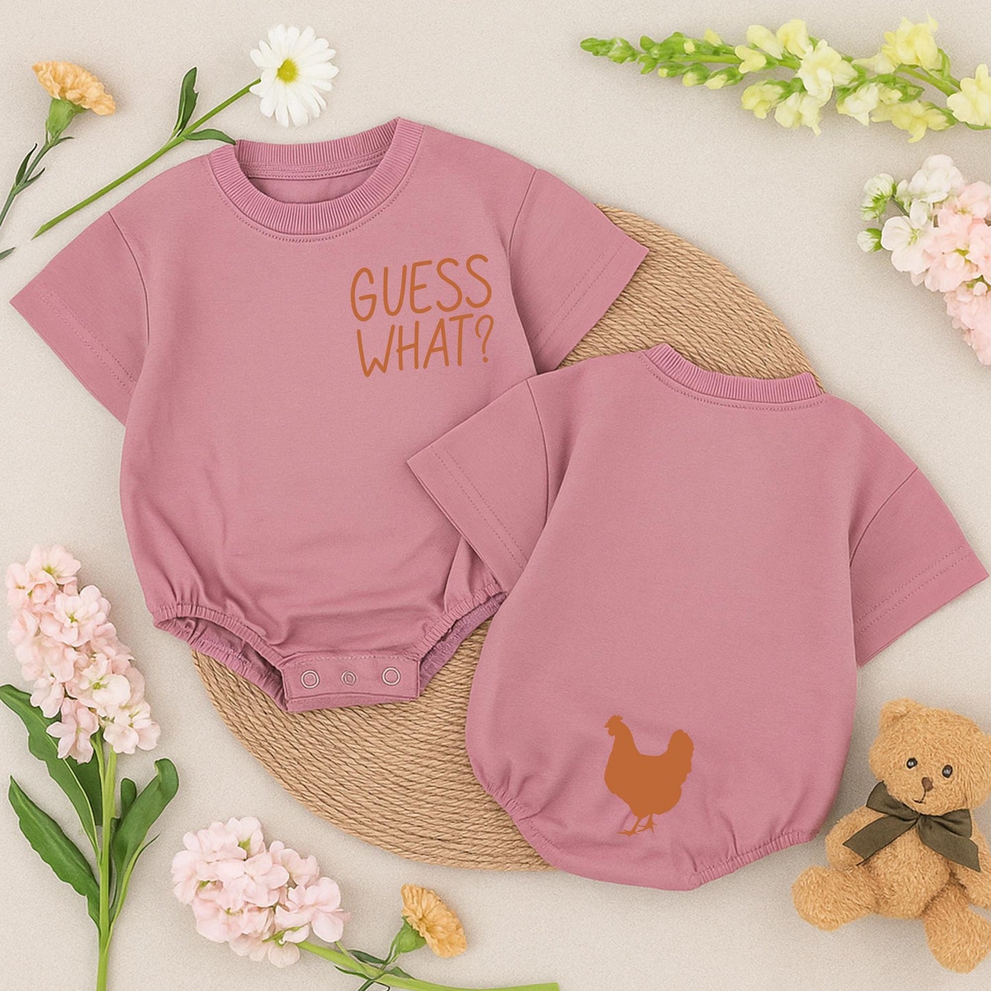 Guess What Chicken Butt Baby Romper Funny Baby Bodysuit White Chicken Silhouette Gender Neutral Outfit Cute Baby Shower Gift Double Sided