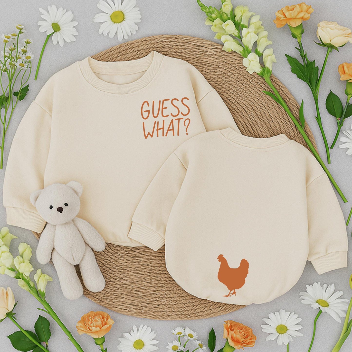 Guess What Chicken Butt Baby Romper Funny Baby Bodysuit White Chicken Silhouette Gender Neutral Outfit Cute Baby Shower Gift Double Sided
