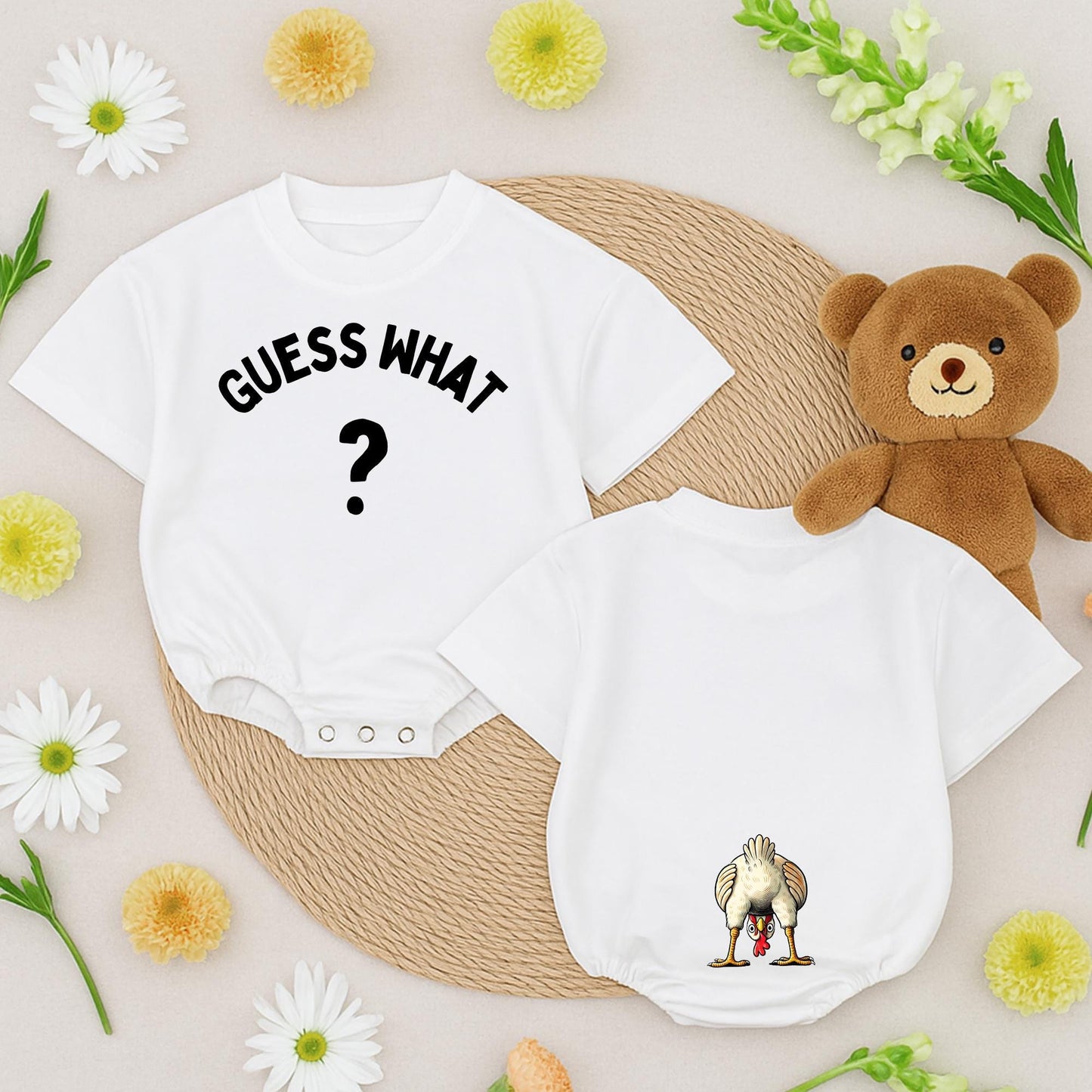 Guess What Chicken Butt Baby Romper Funny Bodysuit, Gender Neutral, Baby Shower Gift, Whimsical Chicken Design, Newborn Outfit