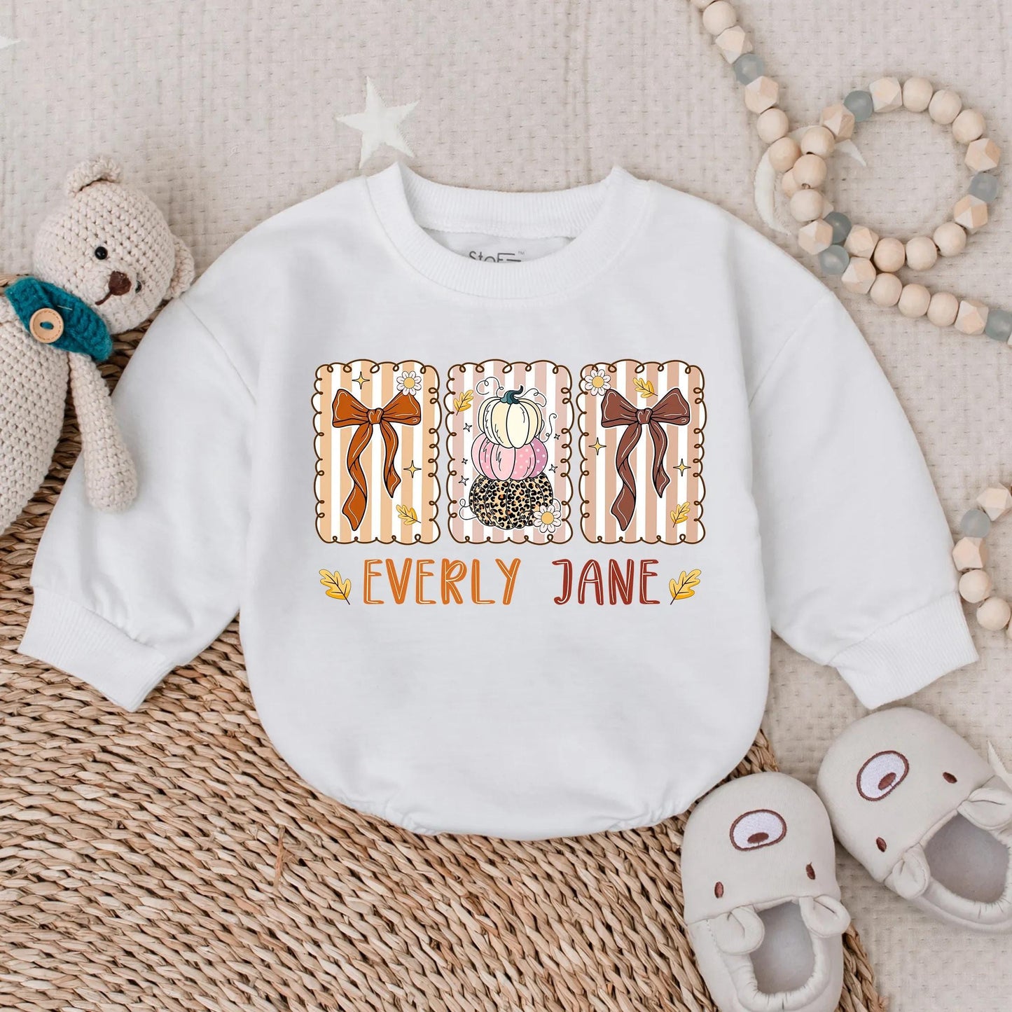 Custom Floral Fall Baby Girl Bubble Romper, Pumpkin & Thanksgiving Outfit, Autumn Clothes Gift for Baby's First Thanksgiving