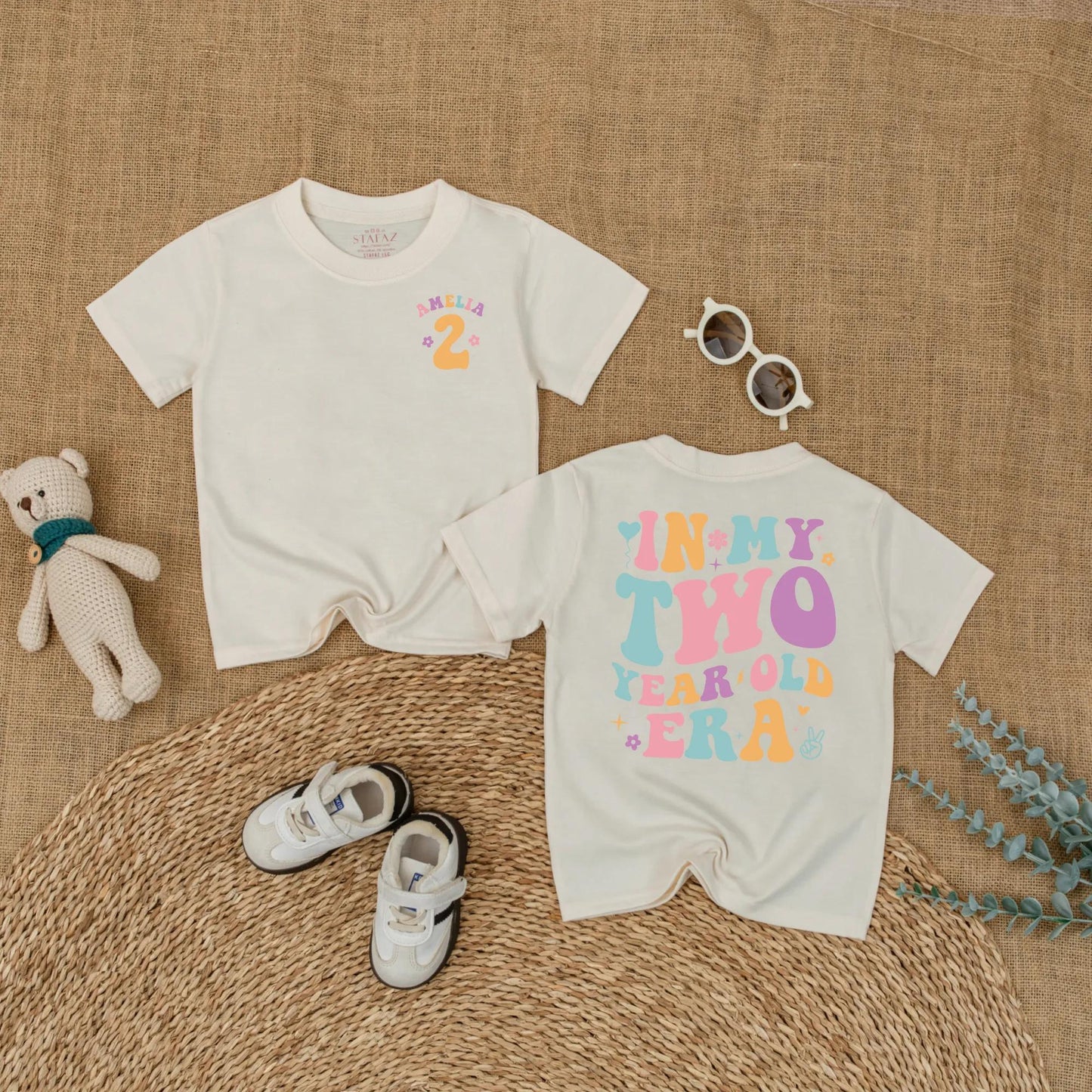 Personalized In My Two Year Old Era Baby Shirt Custom Toddler Girl Birthday Outfit Whimsical Retro Floral Star Party Gift